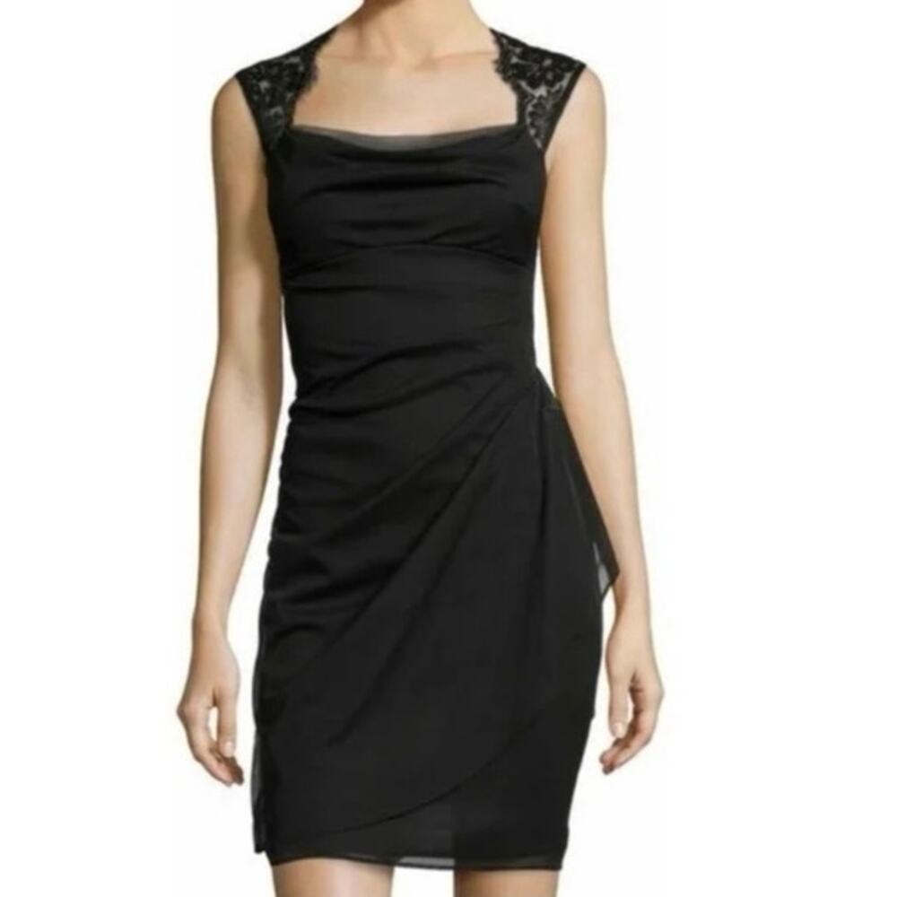 Scarlett Sz 8 Lace Cap Sleeve Ruched Side Ruffle LBD Coacktail Dress EUC Event